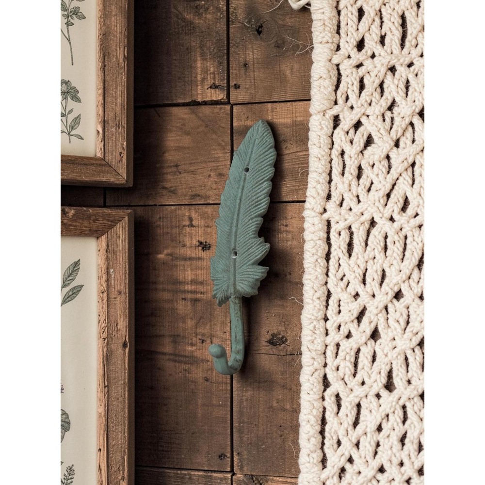 Vintage Verdigris Colored Cast Iron Feather Wall Hook - Bohemian Coat Hook